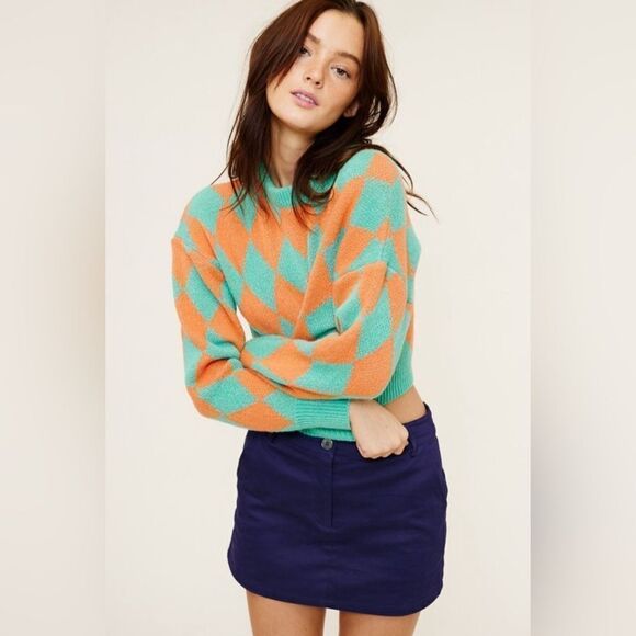 038. ARGYLE CHECKERED PRINT CROPPED KNIT SWEATER - Picture 3 of 3